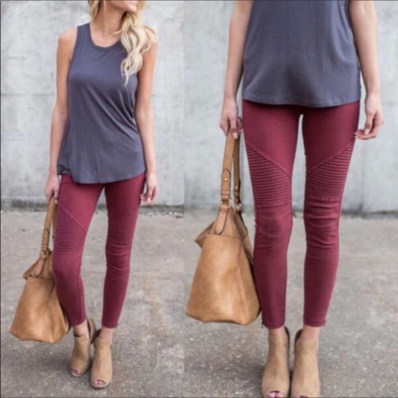 Pants - Burgundy Moto Leggings with Ankle Zipper